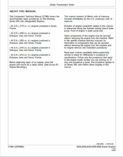 John Deere Series 300: 3029 6068 Diesel Engines Manual - Image 2
