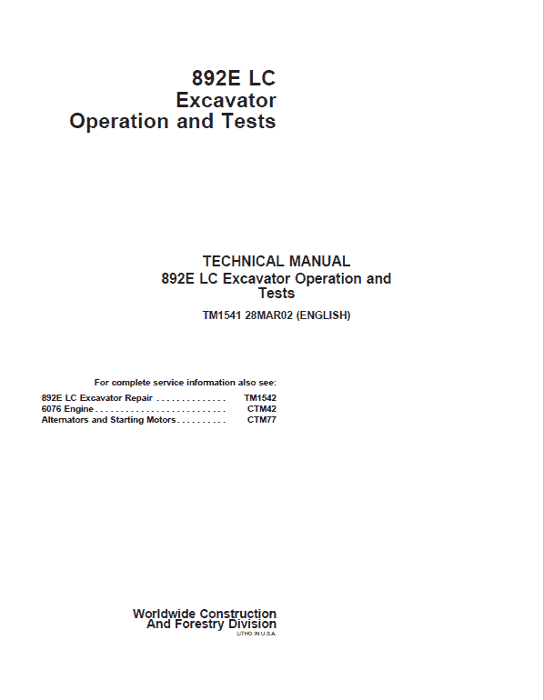 John Deere 892E LC Excavator Repair Service Manual John Deere 892E LC Excavator Repair Service Manual - Image 2