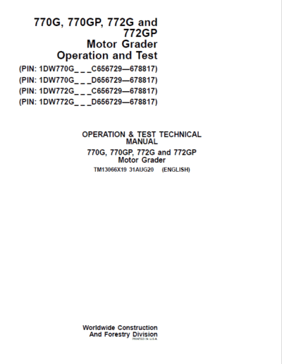 John Deere 770G, 770GP, 772G, 772GP Grader Repair Service