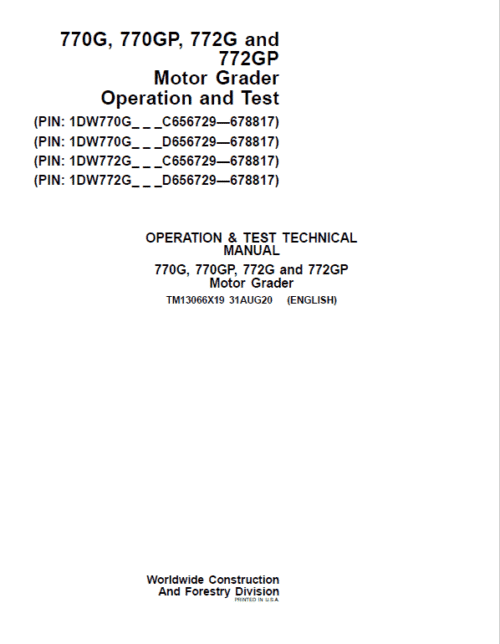 John Deere 770G, 770GP, 772G, 772GP Grader Repair Service