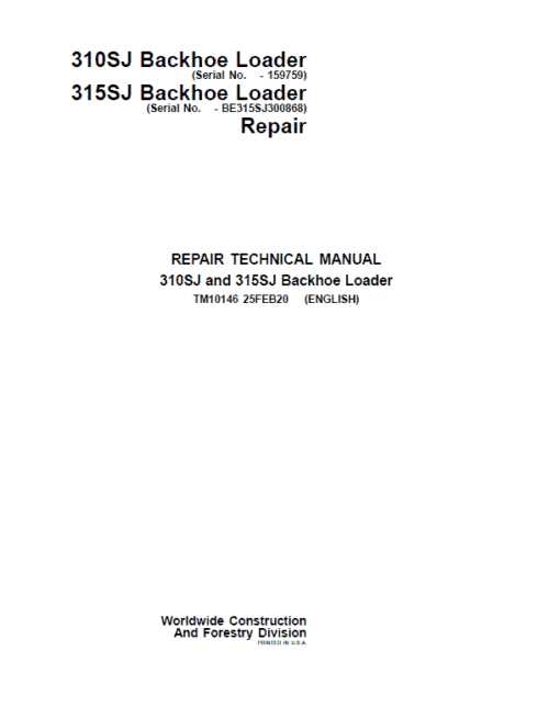 John Deere 310SJ Backhoe Loader Repair Technical Manual (S.N before – 159759)