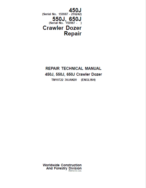John Deere 450J, 550J, 650J Crawler Dozer Services Manual