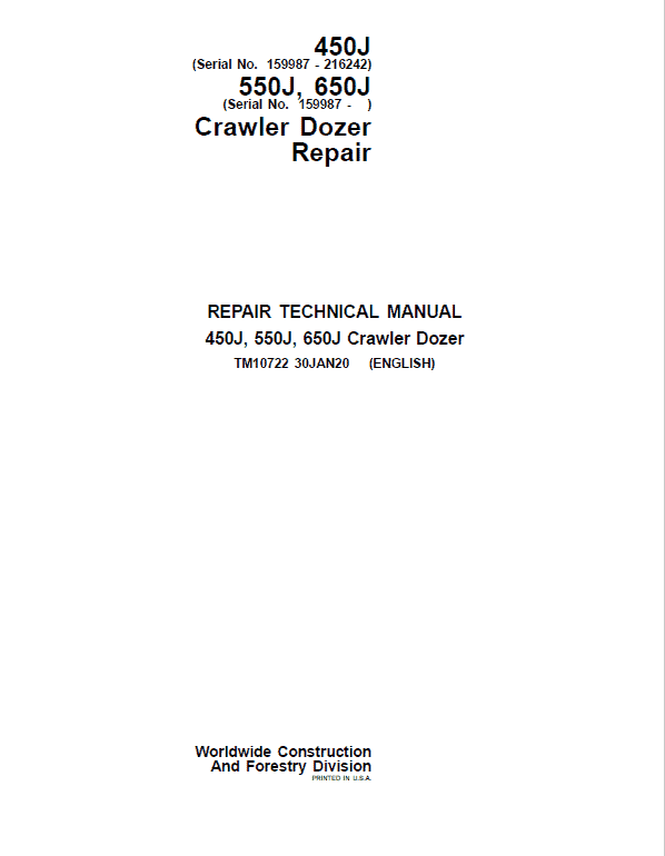 John Deere 450J, 550J, 650J Crawler Dozer Services Manual John Deere 450J, 550J, 650J Crawler Dozer Services Manual