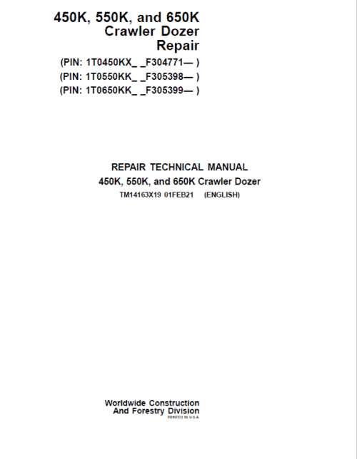 John Deere 450K, 550K, 650K Crawler Dozer Service Manual