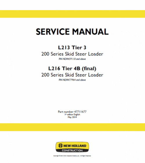 New Holland L213, L215, L216 SkidSteer Loader Service Manual