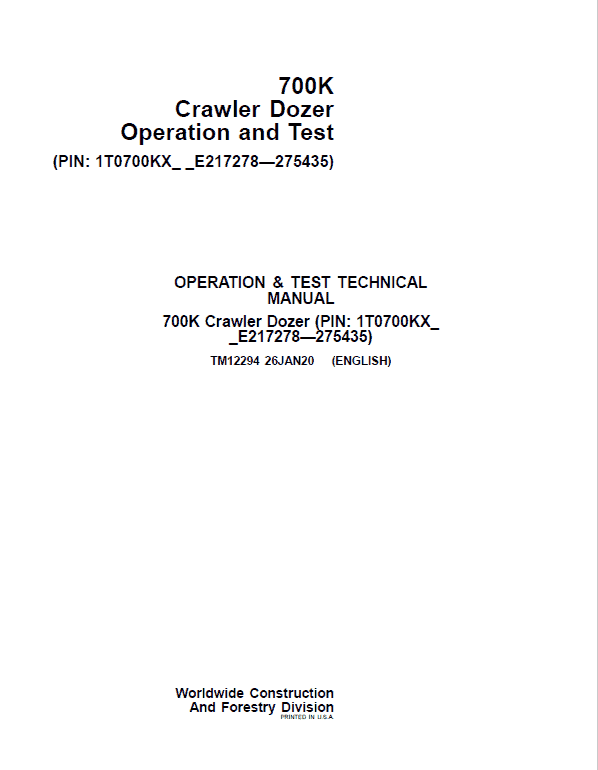 John Deere 700K Crawler Dozer Technical Manual (SN. from E217278-E275435) John Deere 700K Crawler Dozer Technical Manual (SN. from E217278-E275435) - Image 2