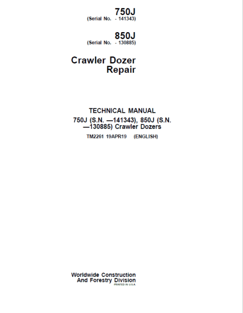 John Deere 750J, 850J Crawler Dozer Technical Manual (S.N. before 130885)