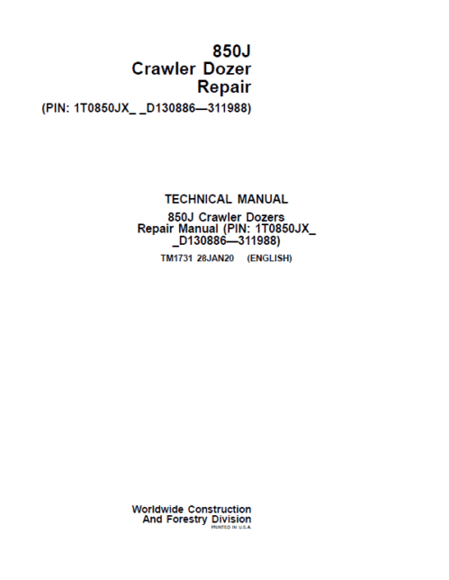 John Deere 850J Crawler Dozer Technical Manual (SN. from D130886 – D311988)
