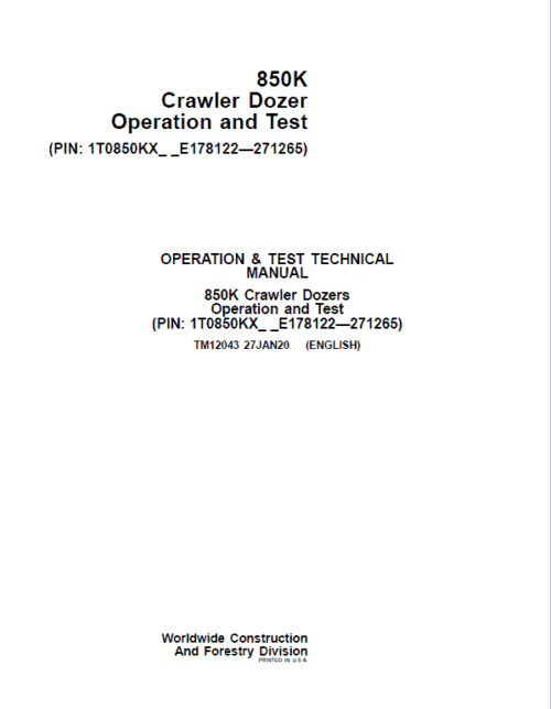 John Deere 850K Crawler Dozer Technical Manual (SN. from E178122 – E271265)
