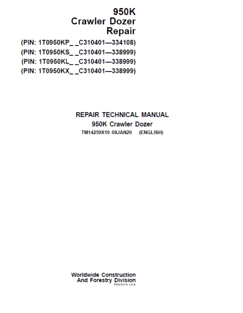 John Deere 950K Crawler Dozer Technical Manual (SN. from C310401 – 338999)