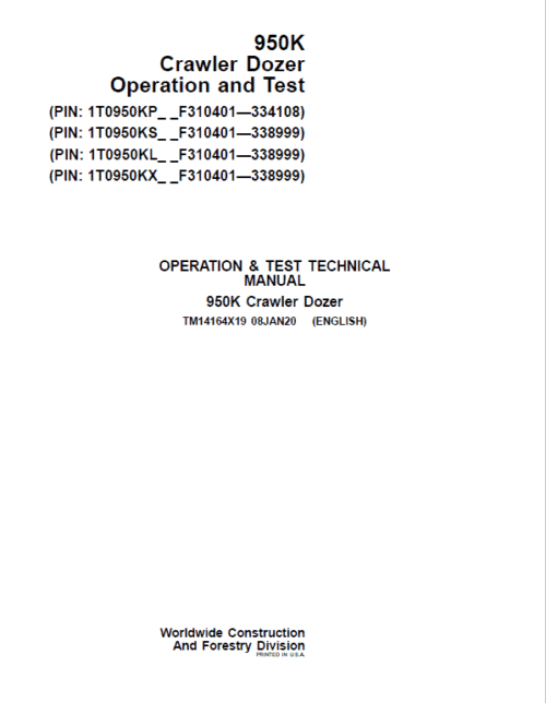 John Deere 950K Crawler Dozer Technical Manual (SN. from F310401 – 338999)