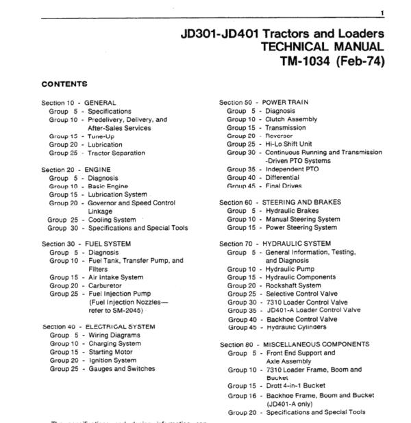 John Deere 301- 401 Tractors and Loaders Service Manual