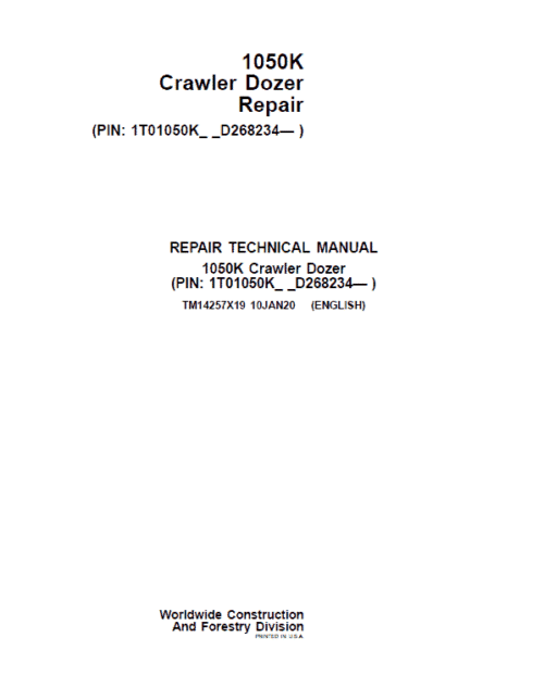 John Deere 1050K Crawler Dozer Services Manual TM