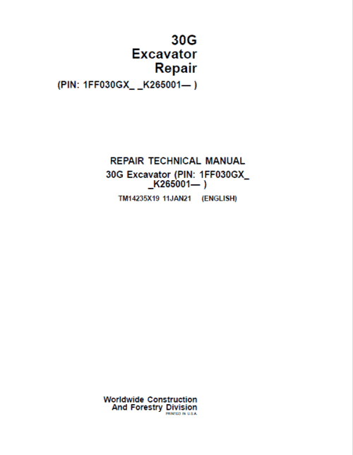 John Deere 30G Excavator Service Manual