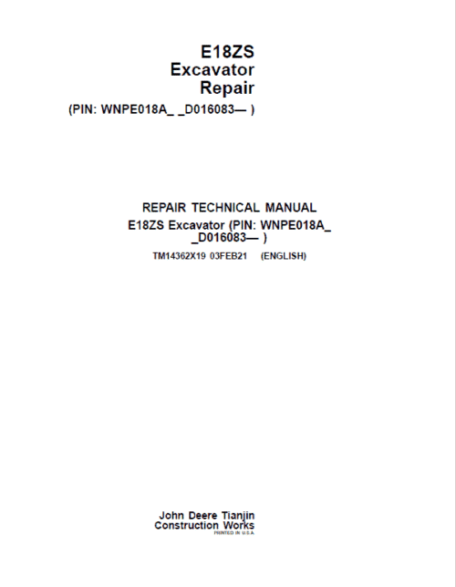 John Deere E18ZS Excavator Repair Service Manual