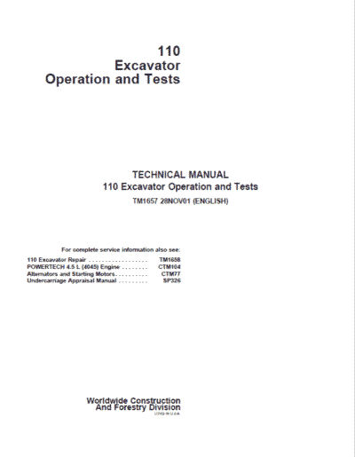 John Deere 110 Excavator Repair Services Manual