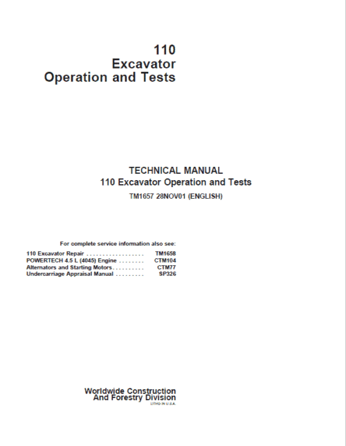 John Deere 110 Excavator Repair Services Manual