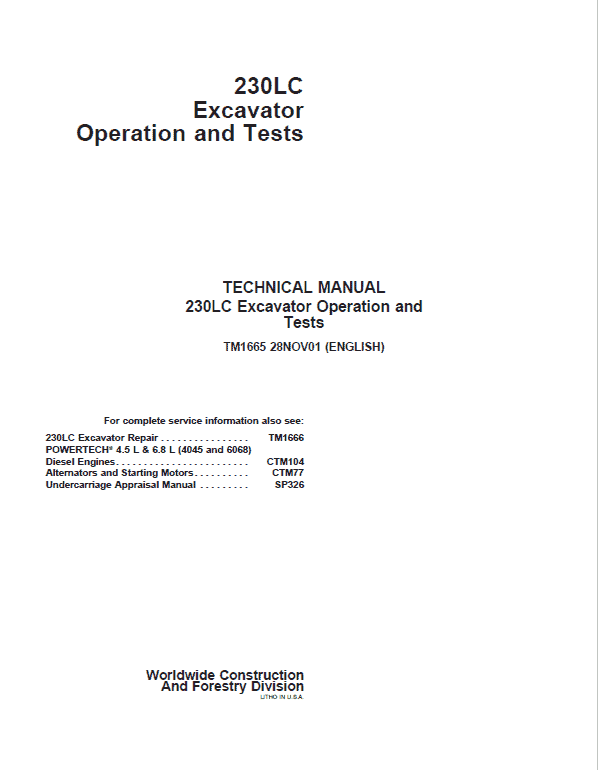 John Deere 230LC Excavator Repair Service Manual John Deere 230LC Excavator Repair Service Manual - Image 2