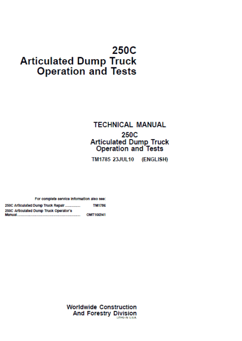 John Deere 250C Articulated Dump Truck Repair Services Manual