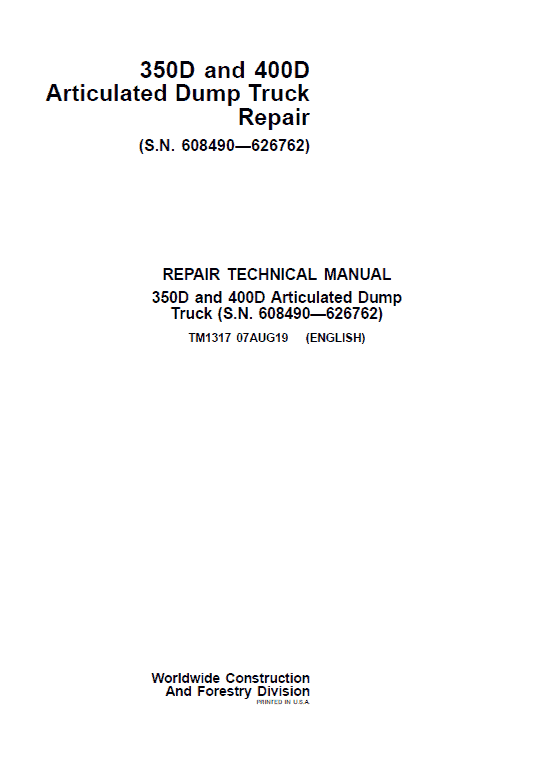 John Deere 350D, 400D Articulated Dump Truck Repair Manual (S.N 608490 – 626762) - Image 2