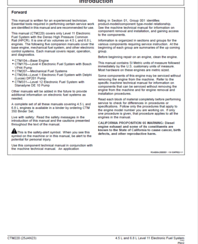 John Deere PowerTech 4.5L, 6.8L Diesel Engines Level 11 Electronic Fuel System – Denso HPCR Repair Manual - Image 2