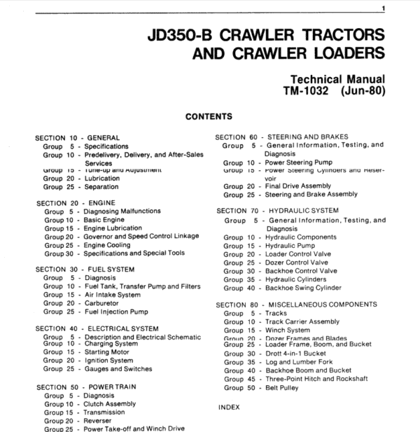 John Deere 350, 350B Crawler Tractor Loaders Service Manual TM1032