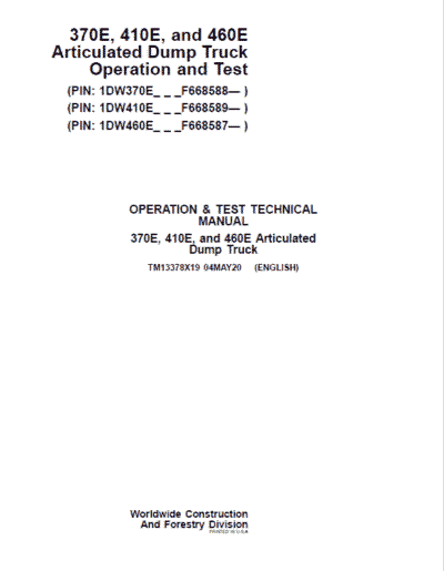 John Deere 370E, 410E, 460E Articulated Dump Truck Services Manual - Image 2