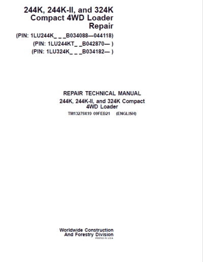 John Deere 244K, 244K-II, 324K Compact 4WD Loader Technical Manual