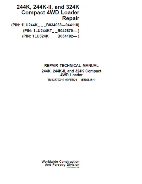 John Deere 244K, 244K-II, 324K Compact 4WD Loader Technical Manual