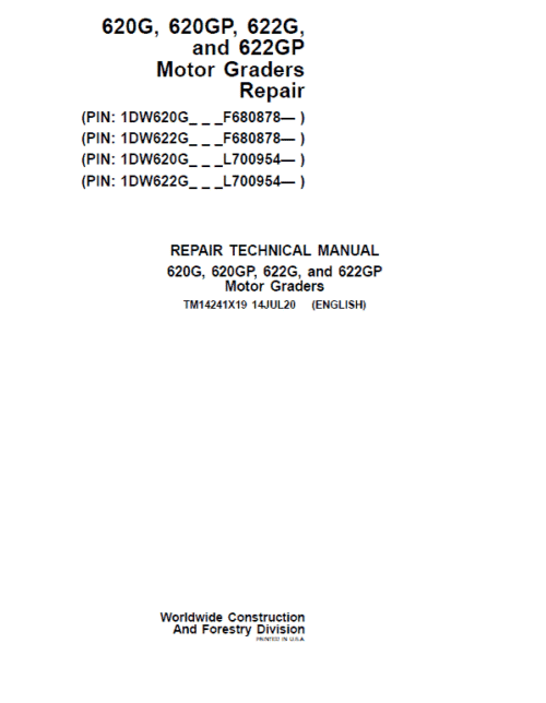John Deere 620G, 620GP, 622G, 622GP Grader Technical Manual