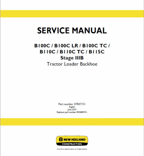 New Holland B100C, B100C LR, B100C TC Backhoe Loader Service Manual