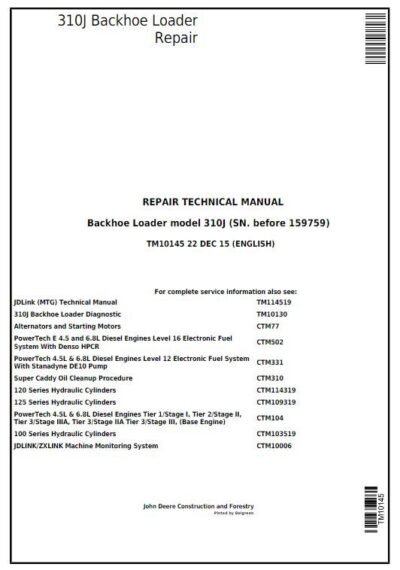 John Deere 310J Backhoe Loader Repair Technical Manual (S.N before – 159759 )