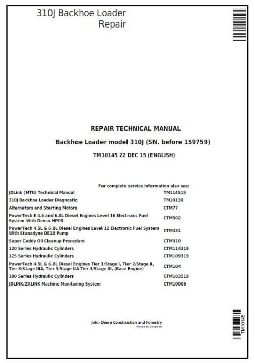 John Deere 310J Backhoe Loader Repair Technical Manual (S.N before – 159759 )