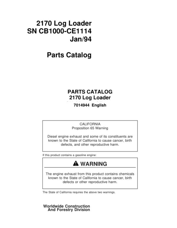 John Deere 2170 Knuckleboom Loader (SN SN CB1000-CE1114) Parts Catalog Manual John Deere 2170 Knuckleboom Loader (SN SN CB1000-CE1114) Parts Catalog Manual