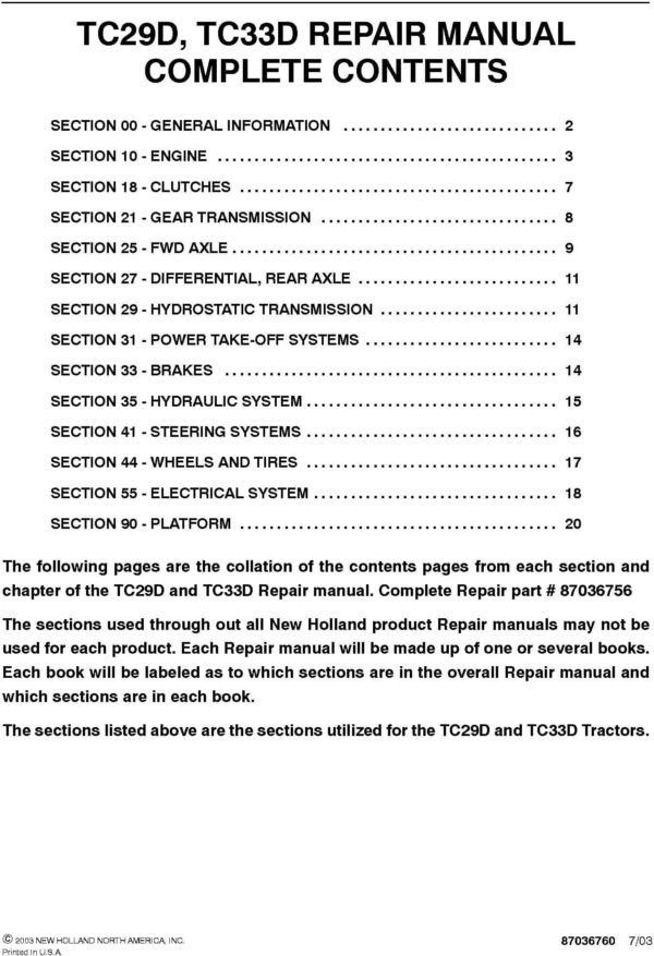 New Holland Tc29d Tc29da Tc33d Cnh Quick Hitch 2030 2035 Boomer Operator Maintenance Manual