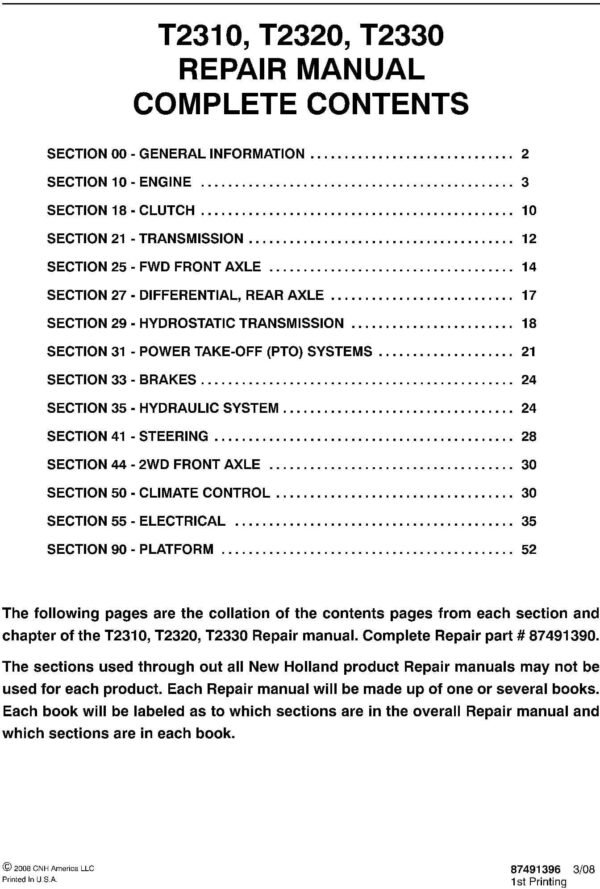 New Holland T2310 T2320 T2330 Tractors Service Repair Manual