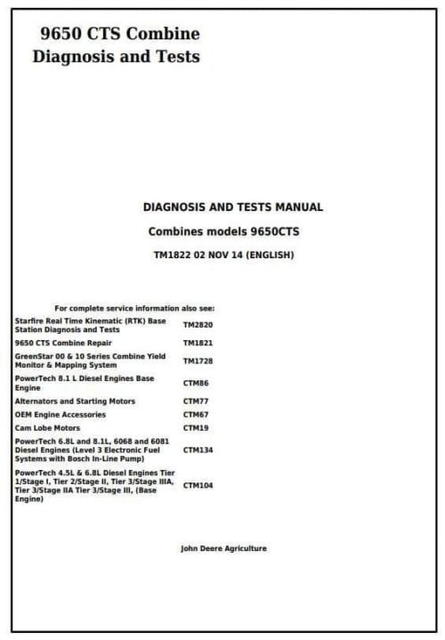 John Deere 9650CTS Combine Repair Technical Manual