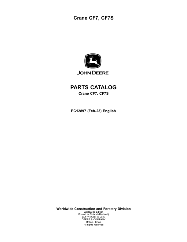 John Deere CF7 Crane Attachments Parts Catalog Manual PC12897 John Deere CF7 Crane Attachments Parts Catalog Manual PC12897
