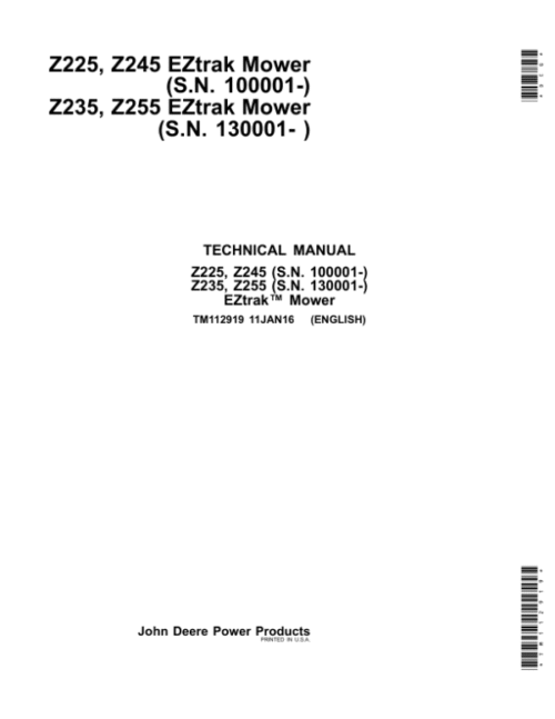 John Deere Z225, Z235, Z245, Z255 E-Ztrak Mower Repair Manual