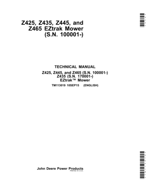 John Deere Z425, Z435, Z445, Z465 EZtrak Mower Repair Manual