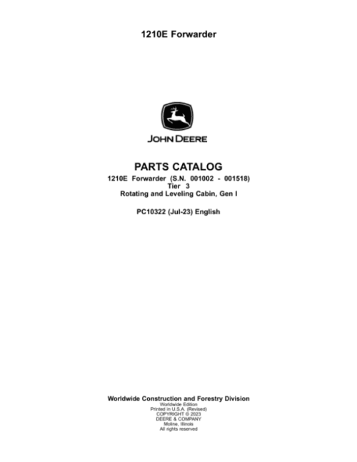 John Deere 1210E T3 Forwarders (SN 001002 – 001518) Parts Catalog Manual