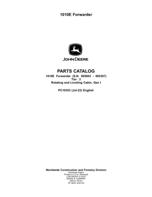 John Deere 1010E T3 Forwarders (SN 005003-005236) Parts Catalog Manual