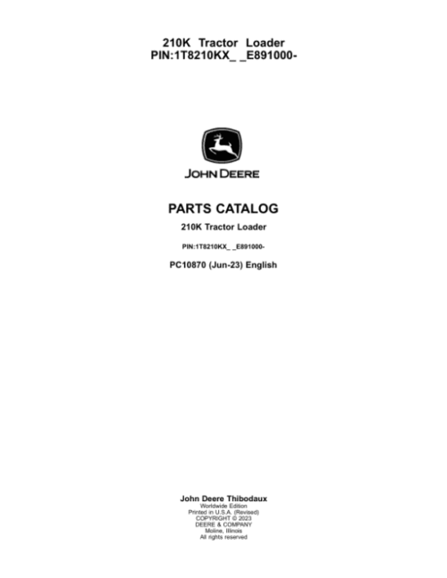 John Deere 210K Tractor Loader Parts Catalog Manual