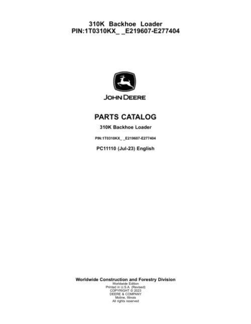 John Deere 310K Backhoes (SN E219607-E277404) Parts Catalog Manual