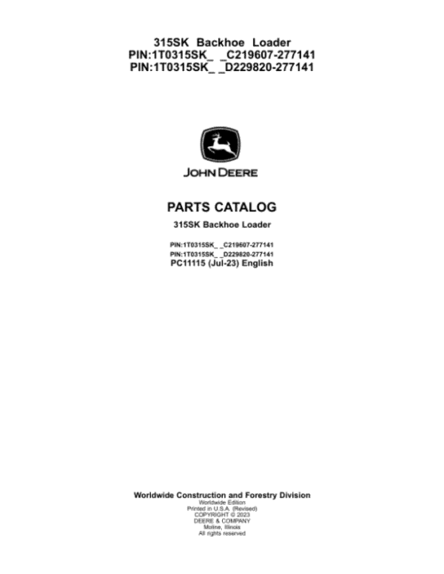 John Deere 315SK Backhoes Parts Manual