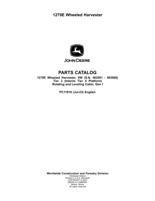John Deere 1270E IT4 T3 6W Wheeled Harvesters Parts Catalog Manual