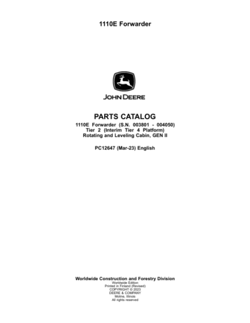 John Deere 1110E IT4 T2 Forwarders Parts Catalog Manual