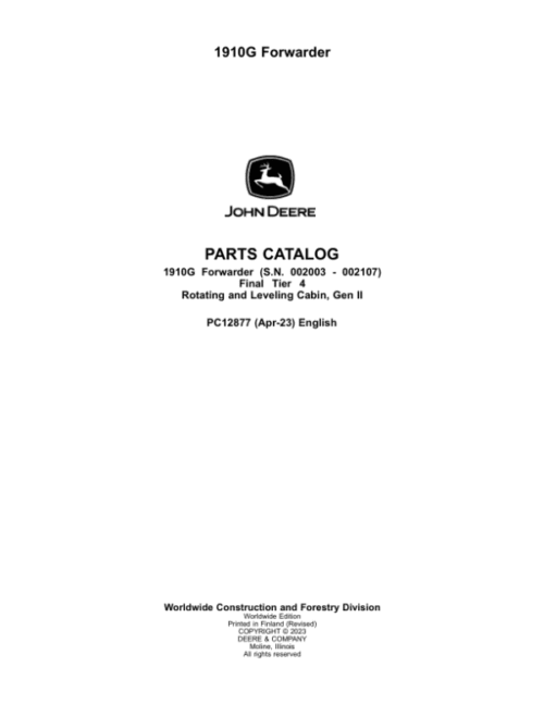 John Deere 1910G Forwarders (SN 002003 – 002107) Parts Catalog Manual
