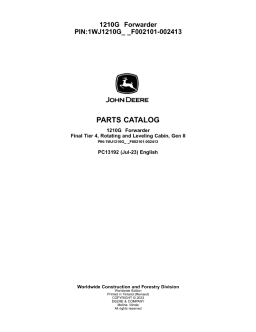 John Deere 1210G FT4 RL Forwarders Parts Catalog Manual