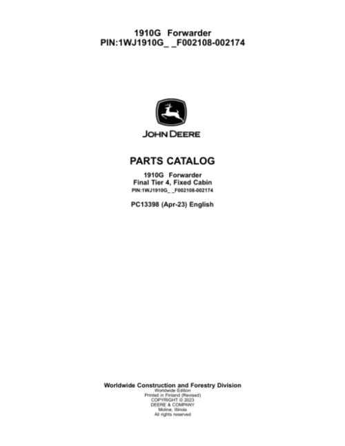 John Deere 1910G Forwarders Parts Catalog Manual